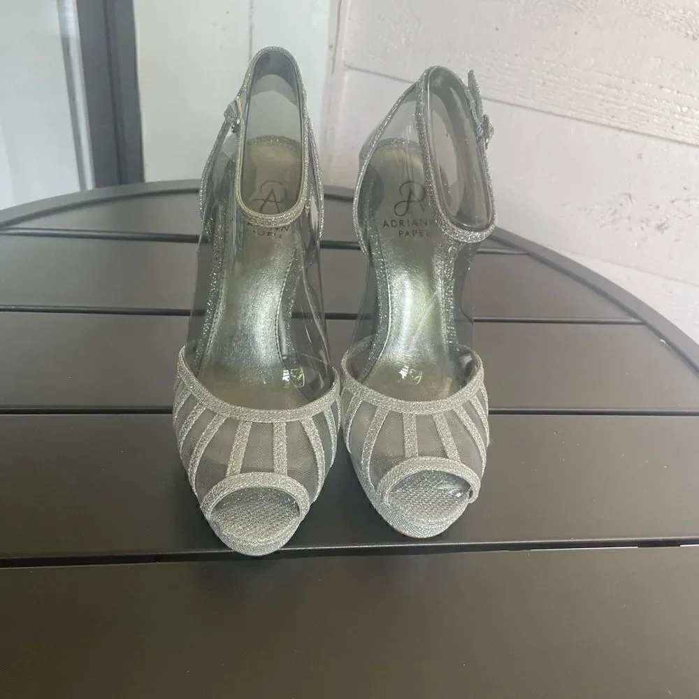 New Adrianna Papell Silver Mesh Platform Metallic Peep Toe Heels Size 7M